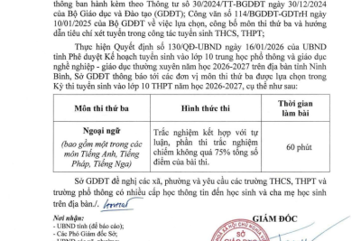 Môn thi thứ ba Kỳ thi tuyển sinh vào lớp 10 THPT năm học 2026–2027 tỉnh Ninh Bình